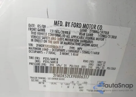2009 Ford Flex Sel from USA, damaged, VIN 2FMDK52CX9BB06317